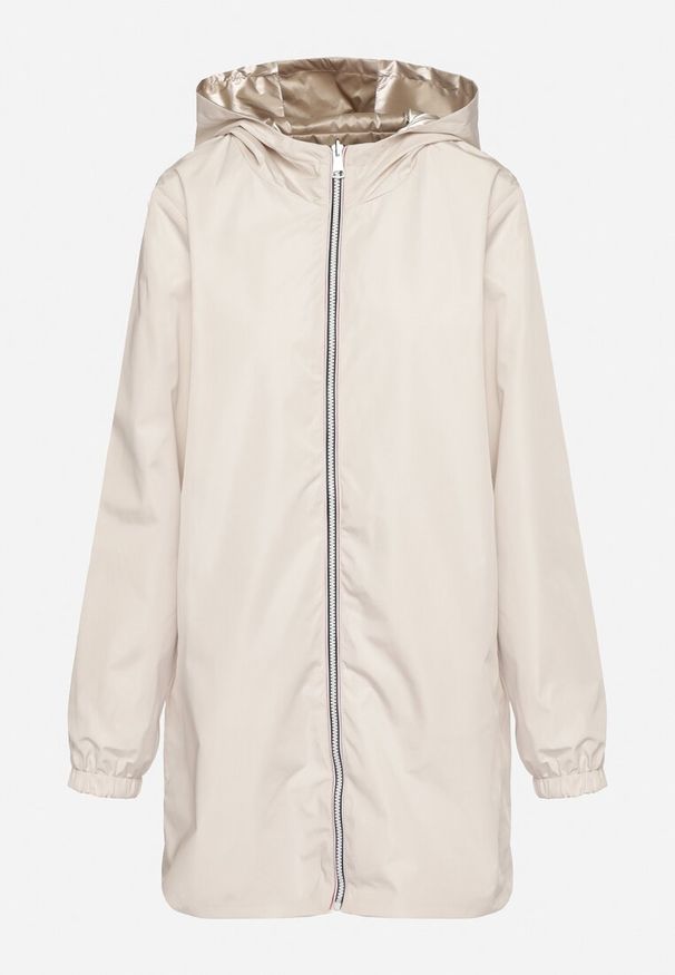 Born2be - Jasnobeżowa Kurtka Dwustronna z Nieodpinanym Kapturem i Metalicznym Efektem Lirednil. Kolor: beżowy. Wzór: gładki. Styl: elegancki
