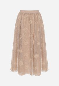 Born2be - Beżowa Rozkloszowana Spódnica ze Strukturalnej Tkaniny z Gumką w Talii Folenne. Okazja: na co dzień. Kolor: beżowy. Materiał: tkanina. Styl: elegancki, casual #4