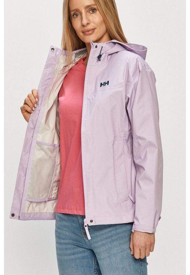 Helly Hansen - Kurtka przeciwdeszczowa. Okazja: na co dzień. Kolor: fioletowy. Materiał: materiał. Wzór: nadruk. Styl: casual