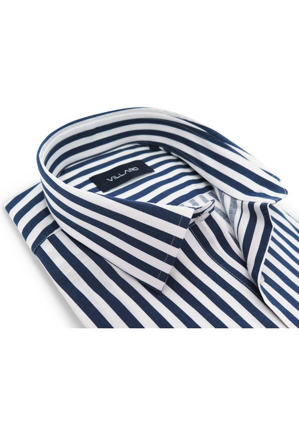 Mmer / Villaro - Koszule męskie - Koszula męska w biało-granatowe paski I124. Kolor: biały, wielokolorowy, niebieski. Materiał: bawełna, elastan, tkanina. Długość: długie. Wzór: paski