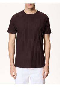 Reserved - T-shirt regular w prążek - ciemnobrązowy. Kolor: brązowy. Materiał: bawełna, dzianina. Wzór: prążki #1