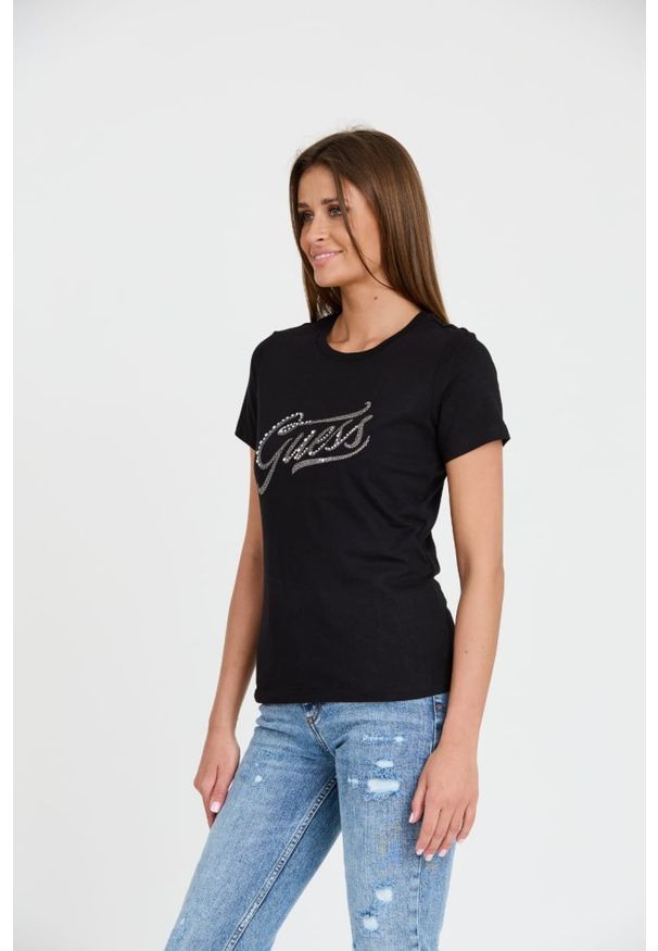 Guess - GUESS Czarny damski T-shirt bawełnany STONES&EMBRO TEE, Rozmiar M. Kolor: czarny