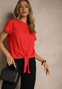 Renee - Czerwony Bawełniany T-shirt Wiązany u Dołu Sunalina. Okazja: na co dzień. Kolor: czerwony. Materiał: bawełna. Styl: casual