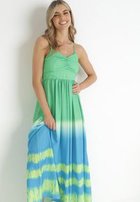 Born2be - Zielona Rozkloszowana Sukienka Maxi na Ramiączkach z Cienkimi Gumkami w Pasie Kaloia. Kolor: zielony. Długość rękawa: na ramiączkach. Typ sukienki: rozkloszowane. Długość: maxi