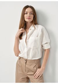 Ochnik - Kremowa koszula damska z lnu. Kolor: biały. Materiał: wiskoza. Długość rękawa: długi rękaw. Długość: długie. Wzór: aplikacja #3