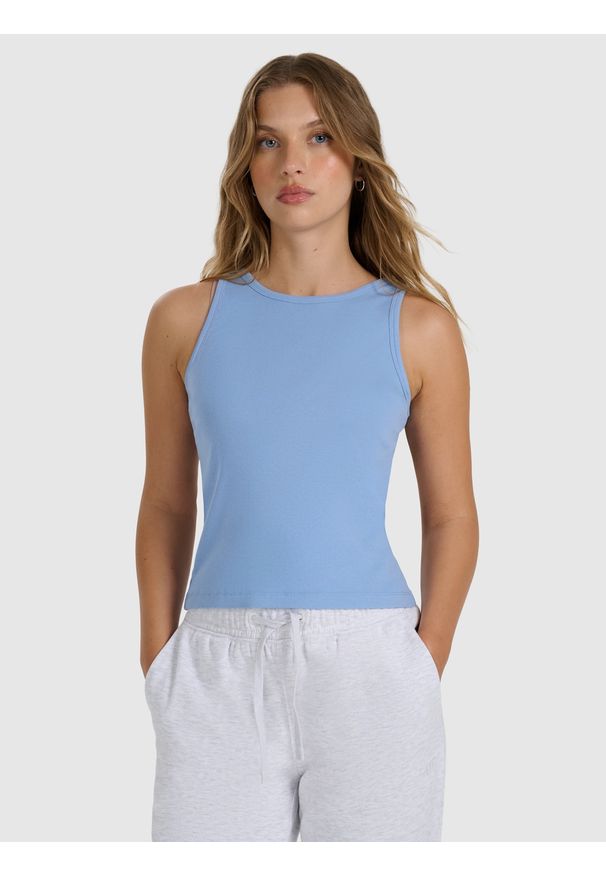 4f - 4F Top slim gładki damski - granatowy XS. Kolor: niebieski. Materiał: jersey, dzianina, materiał, elastan, bawełna. Wzór: gładki