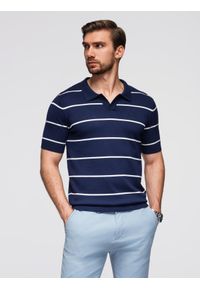 Ombre Clothing - Męska koszulka polo w poziome paski z wiskozą – granatowo-biała V1 - Rozmiar: M. Okazja: na co dzień. Typ kołnierza: polo. Kolor: biały. Materiał: wiskoza. Wzór: paski. Styl: casual