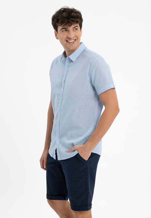 Volcano - Koszula w kratkę z lnem, Regular Fit, C-DAZZI. Okazja: na co dzień. Materiał: len. Długość rękawa: krótki rękaw. Długość: krótkie. Wzór: kratka. Sezon: lato. Styl: casual, klasyczny