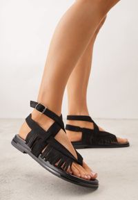 Born2be - Czarne Sandały w Stylu Rzymianek z Frędzlami Lysoph. Okazja: na co dzień. Zapięcie: sprzączka. Kolor: czarny. Materiał: jeans. Styl: casual, elegancki, boho #8