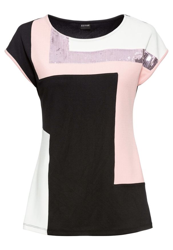 Shirt z cekinami bonprix czarno-jasnoróżowo-biel wełny. Kolor: czarny. Materiał: wełna