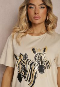 Renee - Beżowy T-shirt z Bawełny z Nadrukiem o Motywie Zwierzęcym Risabell. Okazja: na co dzień. Kolor: beżowy. Materiał: bawełna. Wzór: motyw zwierzęcy, nadruk. Styl: casual #2