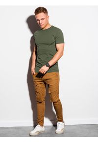 Ombre Clothing - T-shirt męski bawełniany BASIC S1370 - khaki - XXL. Kolor: brązowy. Materiał: bawełna. Styl: klasyczny