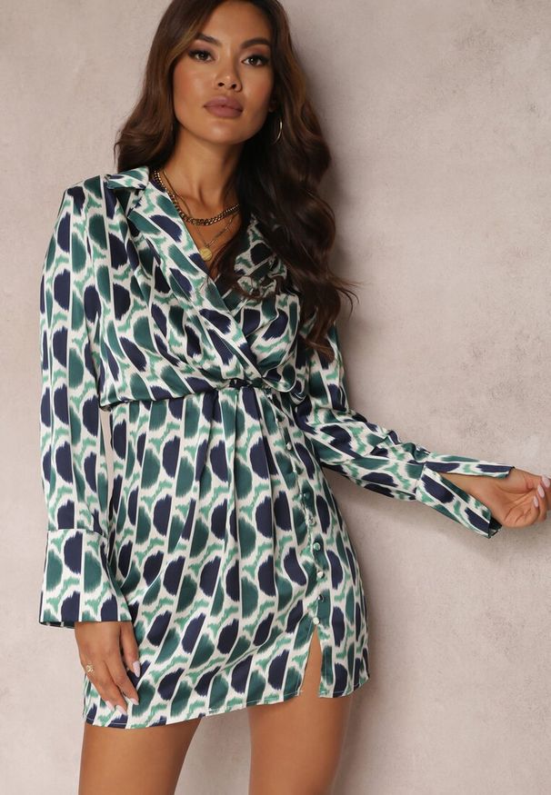 Renee - Zielona Sukienka z Gumką w Pasie Kanne. Kolor: zielony. Długość rękawa: długi rękaw. Wzór: nadruk, aplikacja. Typ sukienki: kopertowe. Długość: mini