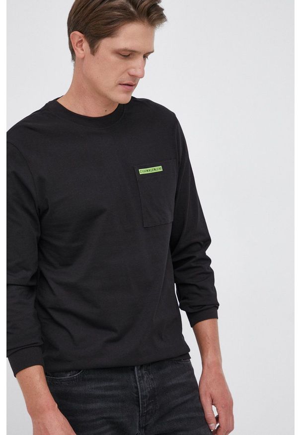 Calvin Klein Jeans Longsleeve bawełniany kolor czarny gładki. Kolor: czarny. Materiał: bawełna. Długość rękawa: długi rękaw. Wzór: gładki