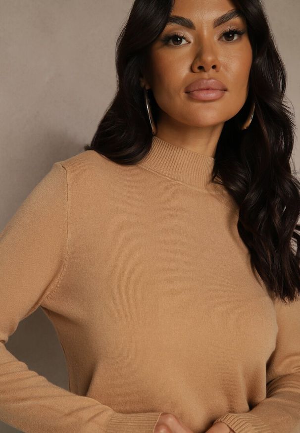 Renee - Ciemnobeżowy Casualowy Sweter z Półgolfem w Minimalistycznym Stylu Seorienne. Okazja: na co dzień. Kolor: beżowy. Długość: długie. Styl: casual