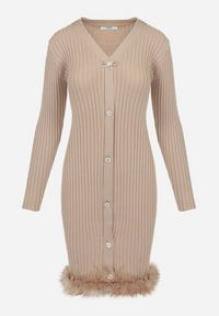 Born2be - Beżowa Sukienka z Prążkowanej Dzianiny z Piórami Marpesia. Okazja: na co dzień. Typ kołnierza: dekolt w kształcie V. Kolor: beżowy. Materiał: prążkowany, dzianina. Sezon: zima, jesień. Typ sukienki: proste, ołówkowe. Styl: klasyczny, casual, elegancki #4