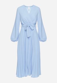 Born2be - Jasnoniebieska Sukienka Mesyre. Okazja: na randkę, do pracy. Typ kołnierza: dekolt w kształcie V. Kolor: niebieski. Materiał: materiał. Typ sukienki: kopertowe, plisowane. Długość: midi #2