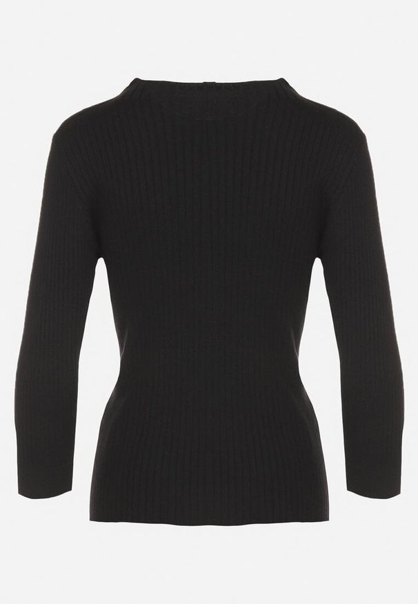 Born2be - Czarny Prążkowany Sweter z Wiskozą i Metalicznymi Napami Omeila. Okazja: na co dzień. Kolor: czarny. Materiał: prążkowany, wiskoza. Długość rękawa: długi rękaw. Długość: długie. Wzór: aplikacja. Styl: casual