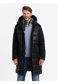 Ombre Clothing - Długa pikowana męska kurtka z dużymi kieszeniami – czarna V1 - Rozmiar: XXL. Typ kołnierza: kaptur. Kolor: czarny. Materiał: tkanina, poliester, materiał, syntetyk, nylon. Długość: długie. Wzór: gładki, aplikacja #6