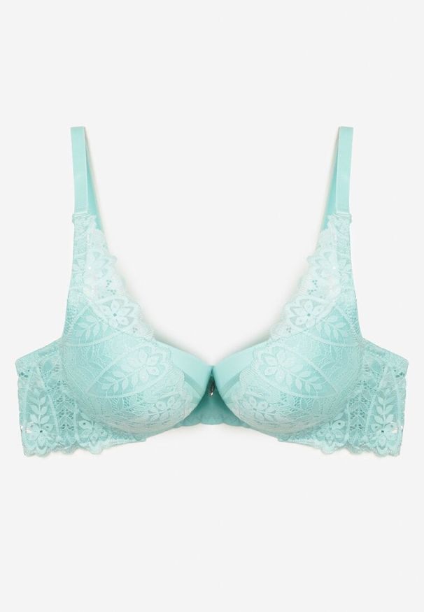 Renee - Miętowy Biustonosz z Efektem Push Up Ozdobiony Koronką Ivmeria. Kolor: miętowy. Materiał: koronka. Rodzaj stanika: push-up. Wzór: aplikacja, koronka