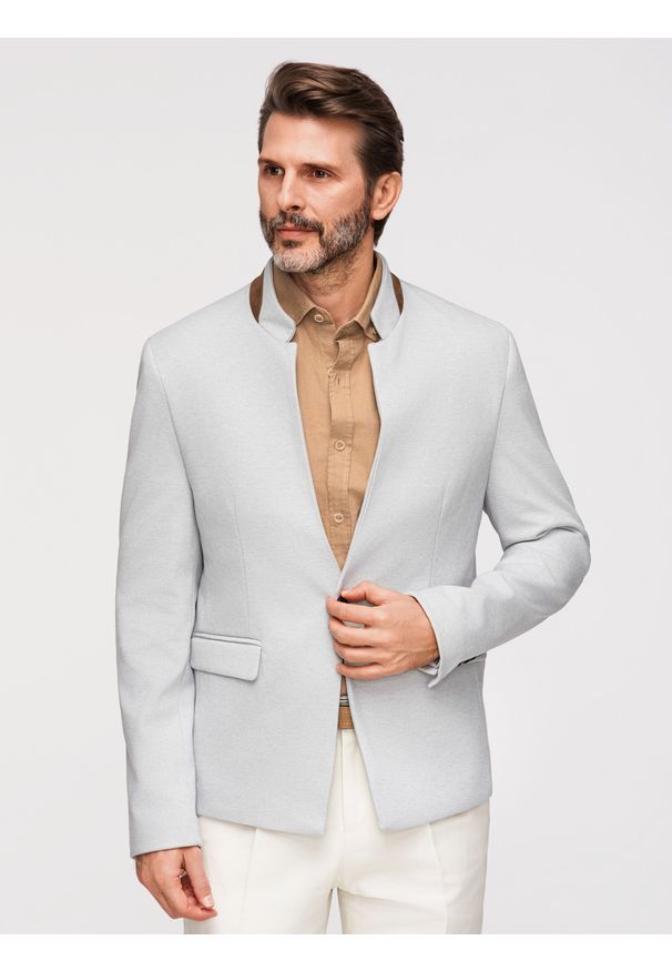 Ombre Clothing - Męska melanżowa marynarka z dodatkiem rayonu ze stójką – szary melanż V4 - Rozmiar: M. Okazja: na co dzień. Typ kołnierza: kołnierzyk stójkowy. Kolor: szary. Materiał: skóra, materiał, zamsz, tkanina, poliester. Wzór: melanż. Styl: casual, klasyczny