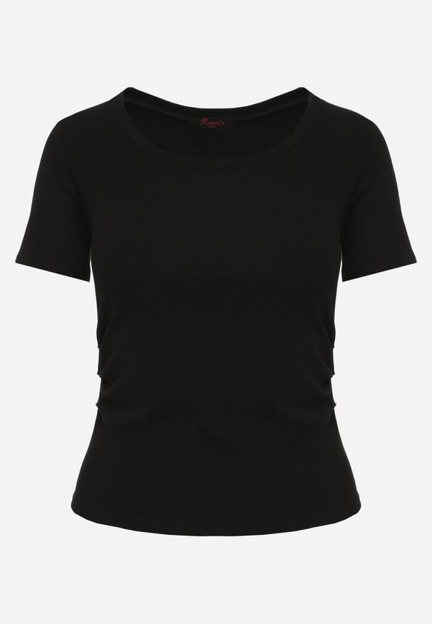 Renee - Czarny T-shirt w Prążki z Marszczeniami po Bokach Nedala. Okazja: na co dzień. Kolor: czarny. Wzór: prążki. Styl: elegancki, casual