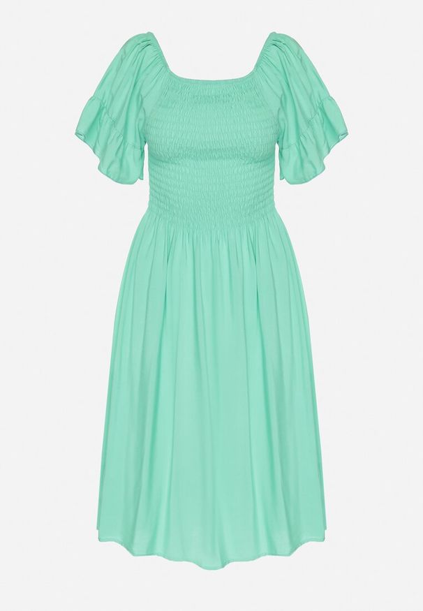 Born2be - Jasnozielona Rozkloszowana Sukienka Bawełniana z Bufiastymi Rękawami i Elastyczną Górą Veliova. Okazja: na co dzień. Kolor: zielony. Materiał: bawełna. Styl: elegancki, casual