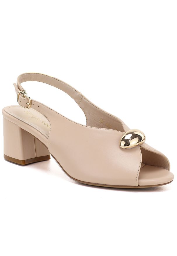 Sandały damskie na obcasie beżowe Sergio Leone SK469. Kolor: beżowy. Materiał: skóra ekologiczna. Obcas: na obcasie. Styl: elegancki. Wysokość obcasa: średni