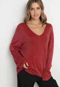 Born2be - Bordowy Wiskozowy Sweter o Pudełkowym Kroju z Metaliczną Nitką Essmia. Okazja: na co dzień, na spacer. Typ kołnierza: dekolt w serek. Kolekcja: plus size. Kolor: czerwony. Materiał: wiskoza. Styl: klasyczny, casual