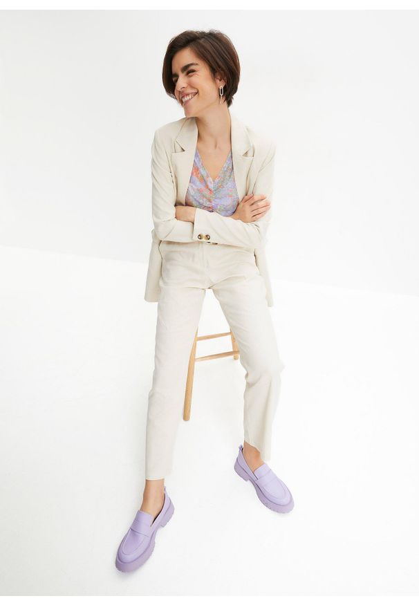 bonprix - Spodnie high-waist z mieszanki wiskozy z lnem. Stan: podwyższony. Kolor: beżowy. Materiał: wiskoza, len