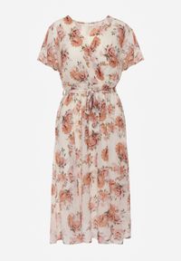 Renee - Różowa Kopertowa Sukienka z Wiązaniem w Talii Zdobiona Brokatem Plumse. Okazja: na randkę. Kolor: różowy. Wzór: aplikacja. Sezon: lato. Typ sukienki: kopertowe. Styl: glamour #3