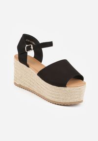 Renee - Czarne Sandały na Wysokim Koturnie z Plecionego Materiału i z Zapięciem przy Kostce Egerra. Zapięcie: sprzączka. Kolor: czarny. Materiał: materiał. Sezon: lato. Obcas: na koturnie #3