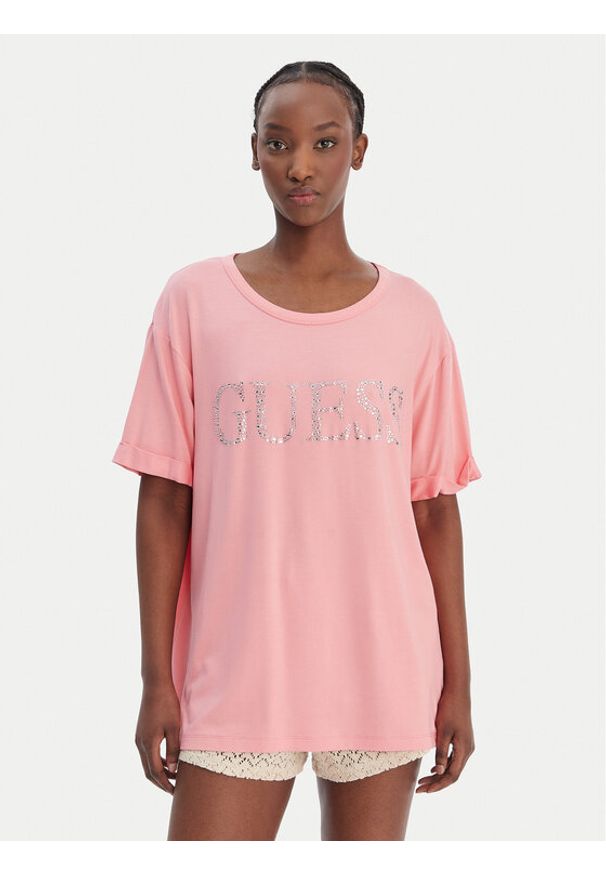 Guess T-Shirt E5GI07 K68D2 Różowy Regular Fit. Kolor: różowy. Materiał: wiskoza