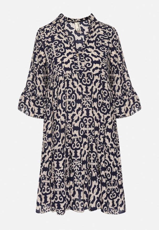 Born2be - Granatowa Sukienka Rozkloszowana z Bawełny w Etniczny Wzór Zalista. Okazja: na co dzień. Kolor: niebieski. Materiał: bawełna. Typ sukienki: rozkloszowane. Styl: boho, casual