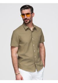 Ombre Clothing - Męska koszula z bawełny i lnu z krótkim rękawem i kieszonką – oliwkowa V6 - Rozmiar: M. Kolor: oliwkowy. Materiał: len, bawełna. Długość rękawa: krótki rękaw. Długość: krótkie. Sezon: lato #1