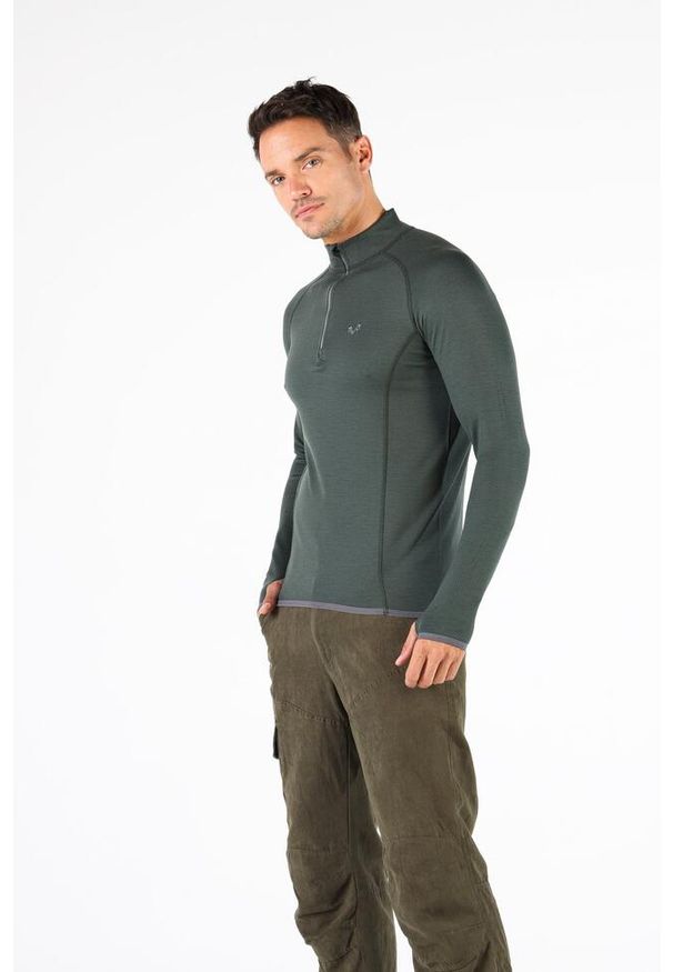 Koszulka turystyczna męska z długim rękawem 100% Merino WOOLONA Halldor. Kolor: zielony. Długość rękawa: długi rękaw. Długość: długie. Sport: turystyka piesza