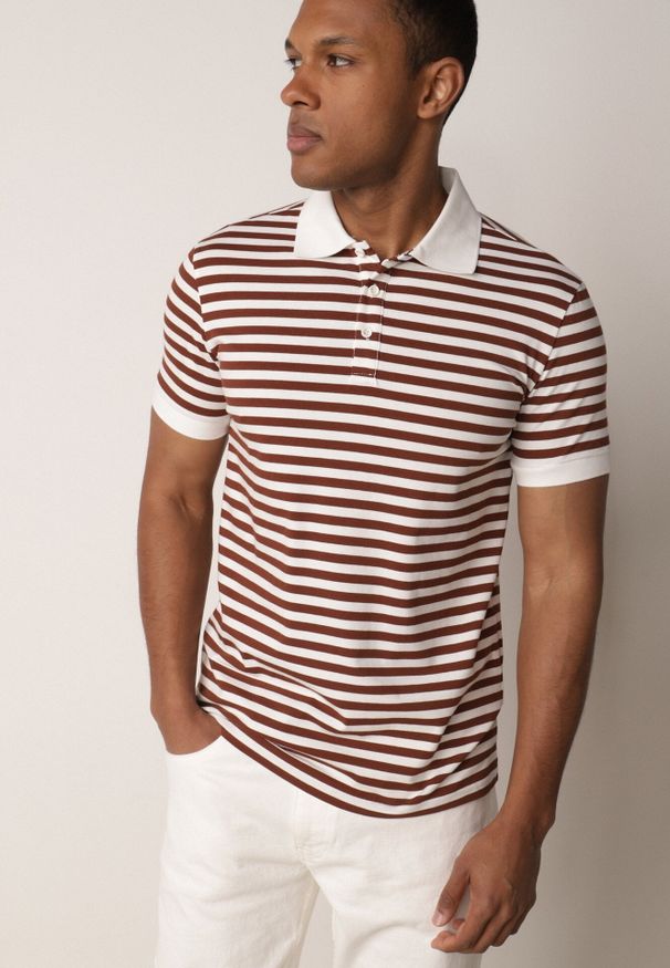 Born2be - Brązowa Bawełniana Koszulka Polo w Paski w Stylu Casual Elunilla. Okazja: na co dzień. Typ kołnierza: polo. Kolor: brązowy. Materiał: bawełna. Wzór: paski. Styl: casual