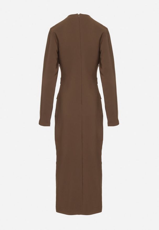 Born2be - Brązowa Elegancka Sukienka z Ozdobnymi Guzikami i Paskiem z Klamrą Esmilea. Okazja: na co dzień, do pracy, na spotkanie biznesowe. Kolor: brązowy. Długość rękawa: długi rękaw. Typ sukienki: proste. Styl: elegancki