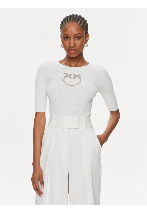 Pinko Sweter Tritone 102017 A1KW Biały Slim Fit. Kolor: biały. Materiał: jedwab, bawełna