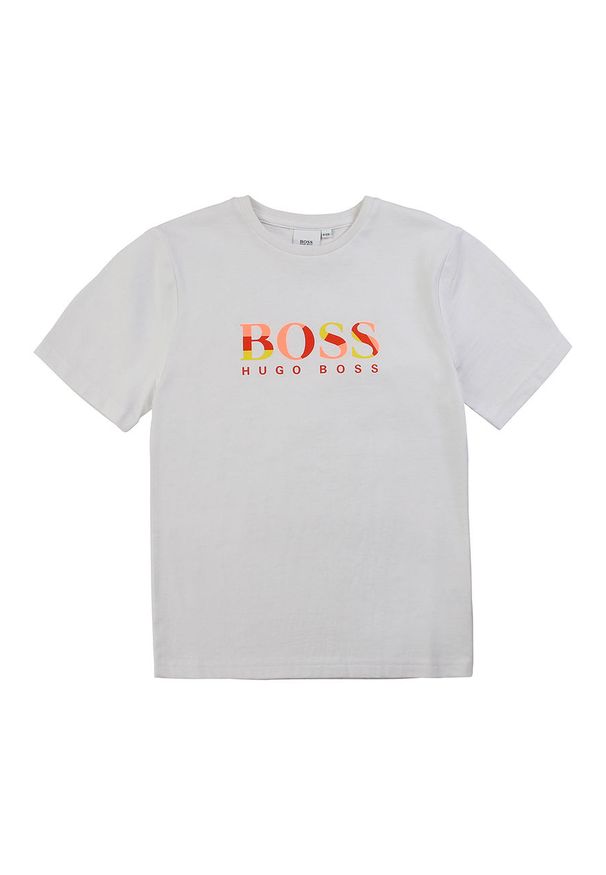 BOSS - Boss - T-shirt dziecięcy 116-152 cm. Okazja: na co dzień. Kolor: biały. Materiał: bawełna, dzianina, elastan. Wzór: nadruk. Styl: casual