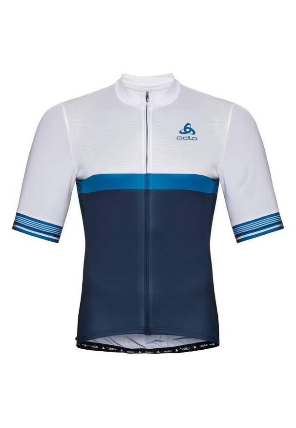 Męska koszulka rowerowa Odlo Zeroweight Ceramicool z krótkim rękawem, rozpinana. Kolor: biały, niebieski, wielokolorowy. Długość rękawa: krótki rękaw. Długość: krótkie