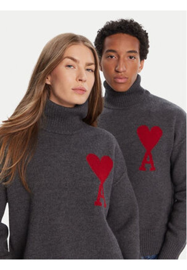 AMI PARIS Sweter BFUKS006.018 Szary Regular Fit. Kolor: szary. Materiał: wełna