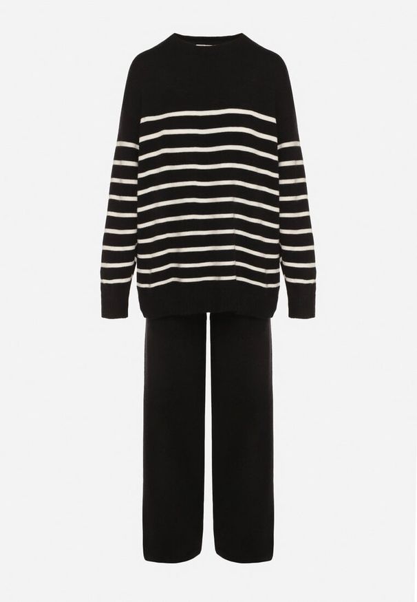 Born2be - Czarny Komplet z Wełną i Bawełną Sweter w Paski i Szerokie Spodnie Neveena. Kolor: czarny. Materiał: wełna, bawełna. Wzór: paski