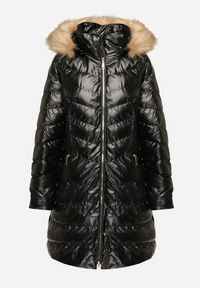 Born2be - Czarno-Brązowa Pikowana Długa Kurtka z Odpinanym Kapturem i Kołnierzem Seniwen. Okazja: na spacer, na co dzień. Kolor: czarny. Materiał: jeans. Długość: długie. Styl: casual, elegancki #5