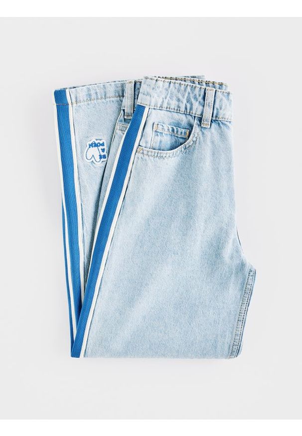 Reserved - Jeansy super wide leg z lampasami - niebieski. Kolor: niebieski