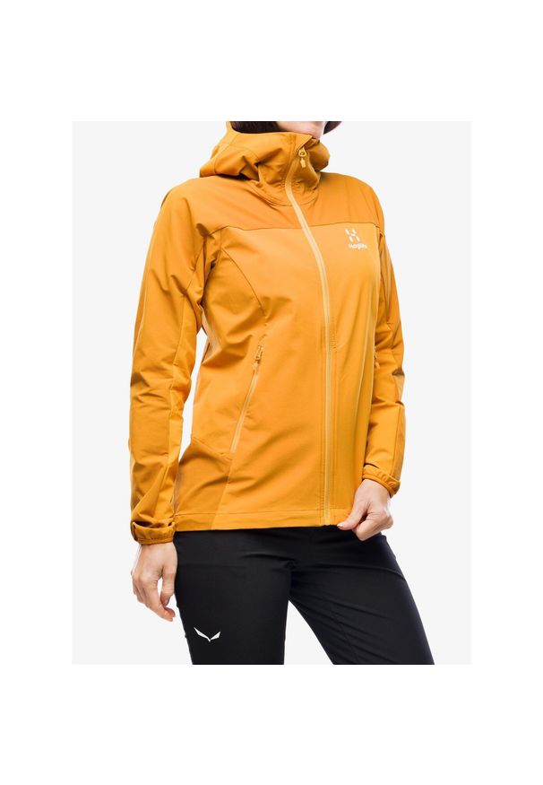 Haglöfs - Kurtka softshell damska Haglofs Moran Softshell Hood. Kolor: żółty. Materiał: softshell. Sport: turystyka piesza
