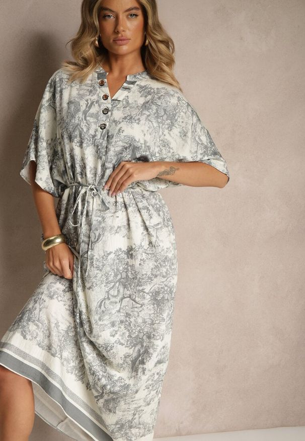 Renee - Szara Sukienka Oversize z Wiskozą i Abstrakcyjnym Motywem Lunisana. Okazja: na co dzień. Kolor: szary. Materiał: wiskoza. Typ sukienki: oversize. Styl: elegancki, casual