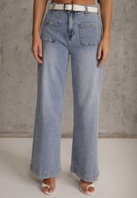 Renee - Niebieskie Szerokie Jeansy High Waist z Kieszonkami Thellona. Okazja: na co dzień. Stan: podwyższony. Kolor: niebieski. Wzór: aplikacja. Styl: casual #5