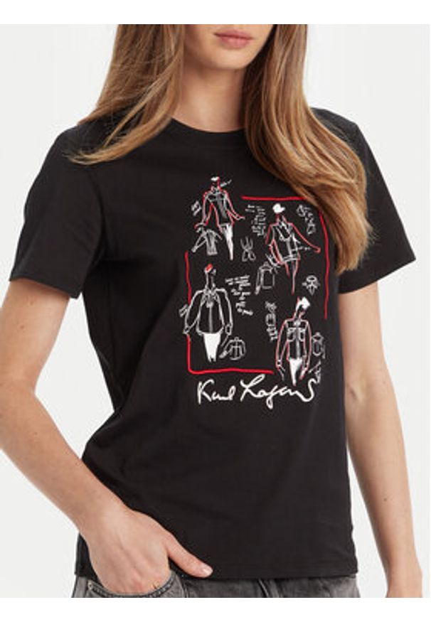 Karl Lagerfeld - KARL LAGERFELD T-Shirt A3W17099 Czarny Regular Fit. Typ kołnierza: dekolt w karo. Kolor: czarny. Materiał: bawełna