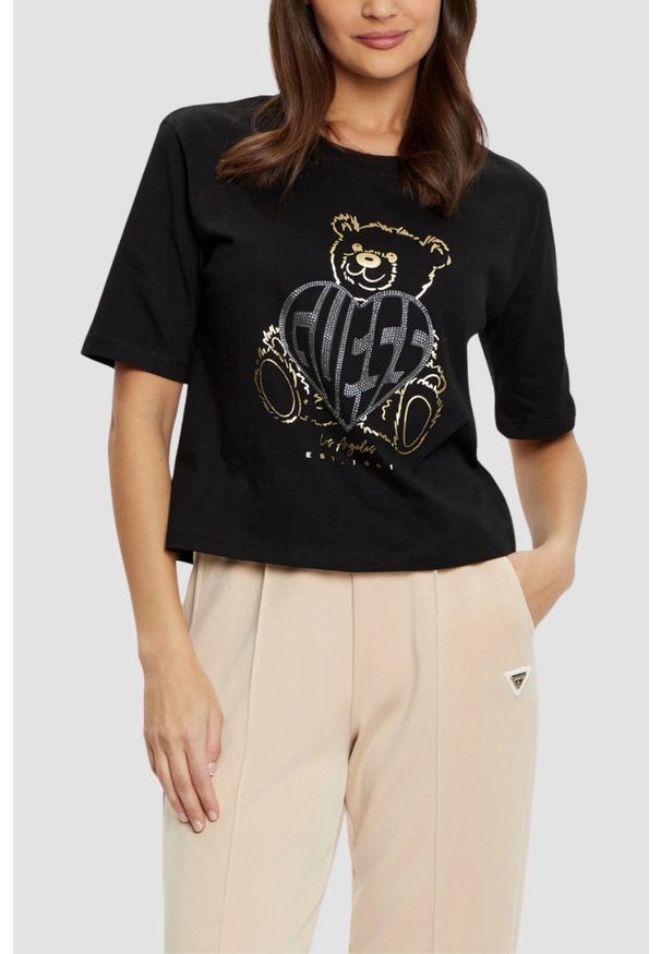 Guess - GUESS Czarny t-shirt damski Bear Boxy, Rozmiar M. Kolor: czarny